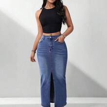 guangzhougaolangshangmao  Falda vaquera casual de mujer con bolsillos y abertura lateral - Gris - Ver 7