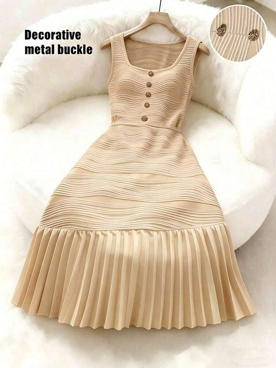 1 Paquete Vestido de mujer elegante, casual, romántico, suelto, para, concierto, reunión, cita, al aire libre, cumpleaños, carnaval, playa,, vestido blanco, vestido albaricoque, vestido de retazos, tela texturizada, plisado, línea A, decoración de botones, elegante, tejido texturizado, ajustado, tela de punto texturizada, suave, cómodo, fácil de lavar - Albaricoque - Ver 1