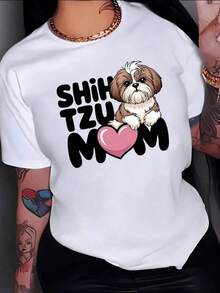 Image Of An Adorable Shih Tzu Dog Next To A Pink Heart Symbolizing Love And Tenderness Towards Pets. Perfect For Mothers Who Love Their Dogs. Women's T-Shirt, 100% Cotton, Everyday Wear. - 白色 - 查看 7