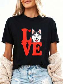 I Love Huskies, Husky Dog T-Shirt, Gift For Husky Lovers, Dog Lover T-Shirt, Siberian Husky T-Shirt, Cute Husky T-Shirt, Dog Owner T-Shirt, 100% Cotton - 黑色4 - 查看 3
