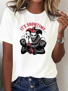 Women's T-Shirt "Evil Clown Performance Moment" - Gothic Queen Of Hearts Design In Red And Black, Casual Round Neck T-Shirt, Perfect For Clown-Themed Outfits, Suitable For Theme Parties And Everyday Wear. - 白色 - 查看 1