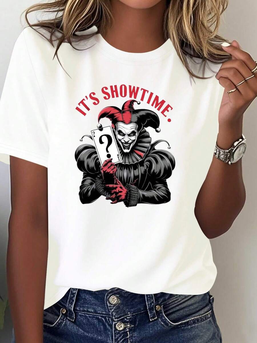 Women's T-Shirt "Evil Clown Performance Moment" - Gothic Queen Of Hearts Design In Red And Black, Casual Round Neck T-Shirt, Perfect For Clown-Themed Outfits, Suitable For Theme Parties And Everyday Wear. - 白色 - 查看 1