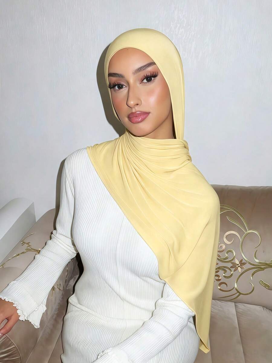1pc Women's Minimalist Classic Solid Color Elegant Casual Fringe Scarf, Premium Knit Fabric Viscose Jersey Hijabs Scarf, Long Turban Style Headscarf, Suitable For Daily Life, Travel And Gatherings