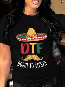 Comfortable For All-Day Wear. This Women's Casual Short-Sleeve T-Shirt Features A Crew Neck And A DTF Mexican Sombrero Print, Perfect For Celebrations And Parties. The Relaxed, Comfortable Fit Flatters All Body Types, While The High-Quality Material Feels Soft Against The Skin And Offers Durability. - 黑色 - 查看 3