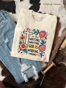 1 Women's Rugby Match Day Print T-Shirt, Bohemian Style, Retro Crew Neck, Short Sleeve, Ideal As A Casual Gift, With 'In The Waiting, God Is Working' Print With Cross And Flowers On A Cowhide Leather Background - Women's Printed Crew Neck Short Sleeve T-Shirt - Vintage Street Style, Unisex, Loose Fit, Cotton, Short Sleeve, Crew Neck, Blouses For Women. Casual Blouses For Ladies. - 杏色 - 查看 7