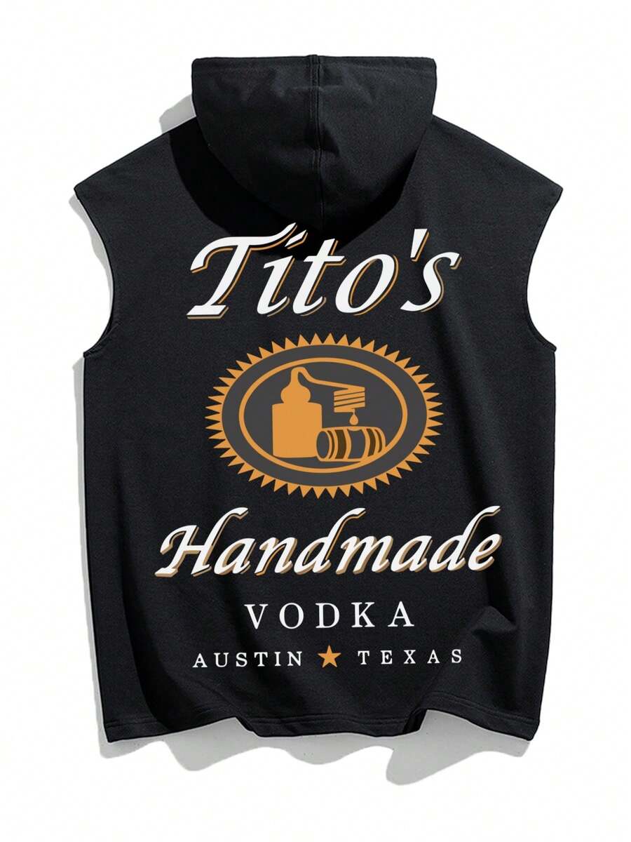 1 Pcs Sleeveless Drawstring Hoodie Vest Tito's Handmade Vodka Austin Texas Brand Logo Graphic Print Summer Fashion Casual,Funny,Elegantes - 黑色 - 查看 1