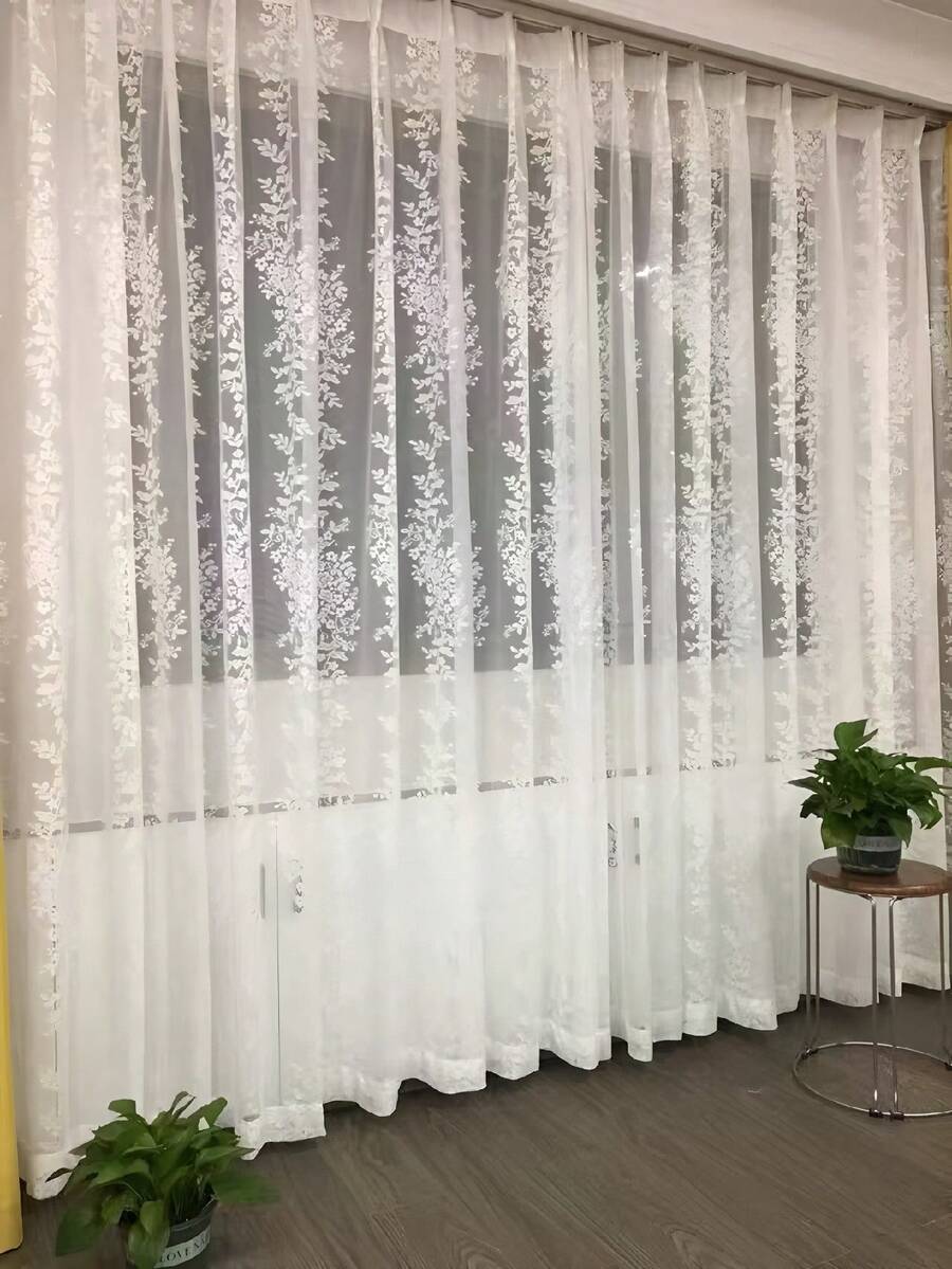 1 Panel White Modern Woven Vertical Floral Sheer Curtain, Translucent, Draping, Fresh Pastoral Style, Rod Pocket Top Design, Suitable For Living Room, Bedroom, Various Room Decor - White - View 1