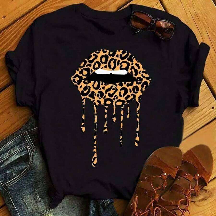 New Women's T-Shirt With Pink Lips And Leopard Print, Casual Style, Round Neck, Sexy, Black, With Kiss Design, Fun, For Girls, Dropshipping - 藍色和黑色 - 查看 1