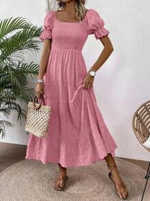 Vestido largo de mujer de unicolor con mangas de burbujas texturizadas para vacaciones de verano - Amarillo - Ver 6
