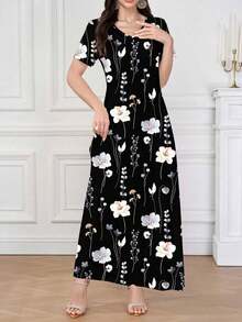 Al Najma Vestido azul marino elegante de mujer con cuello en V, de manga corta, con estampado floral, que se puede usar como prenda exterior o interior/vestido de trabajo, adecuado para citas, vacaciones, uso diario, casual, fiestas, festivales, vestido largo, vestido largo de primavera/verano para mujer, vestido largo fluido, vestido largo floral, vestido azul marino - Negro 2 - Ver 4