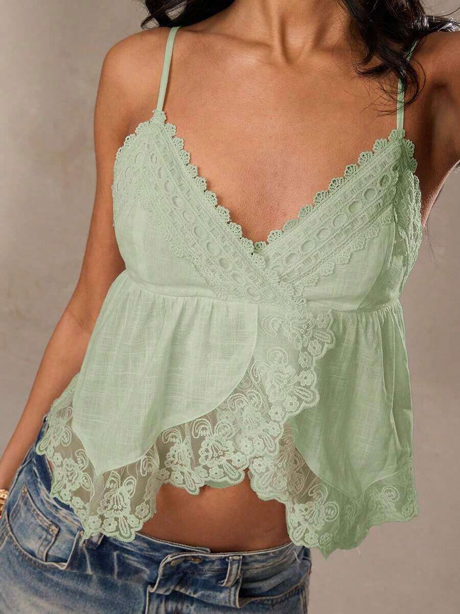 Parte superior de camisa de mujer de lino crema con encaje bordado, parches y volantes en el bajo, adecuada para usar como top de lino, top de vacaciones, top de playa, top casual, top lindo, top de verano - verde menta - Ver 1