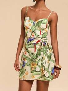 Vestido mini de verano con efecto envolvente y estampado tropical con lazada, estilo informal para vacaciones, prendas de verano para mujer, ropa de playa, Pascua, atuendos de playa para mujer, ropa de vacaciones para mujer, atuendo de concierto para mujer, estilo bohemio, ropa de festival de música, ropa de mujer para vacaciones tropicales, romántico, vestidos de verano para mujer - Verde - Ver 5