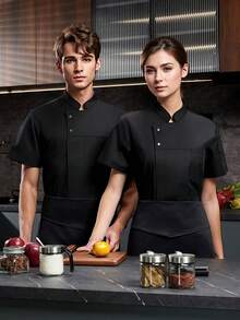 New Unisex High-End Chef Shacket, Summer Short Sleeve Woven Fabric Workwear, Hotel Catering, Restaurant, Western Restaurant, Chinese Restaurant, Back Kitchen, Bakery, Coffee Shop, Beverage Shop - Black - View 5