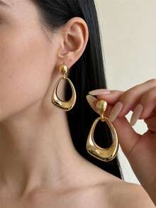 Anting Gantung Emas Tebal Berbentuk Tetesan Air Mata Berongga Minimalis Gaya Retro Perhiasan Pernyataan untuk Wanita - Yellow Gold - View 6