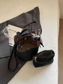 Women's Bucket Bag, Fashion Versatile Elegant Solid Color Striped Black Handbag With Scarf, Suitable For Shopping And Commuting, Small Pouch Included - Black - View 9