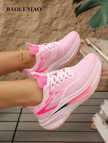 Giày thể thao nữ phối màu chuyển sắc, giày sneaker buộc dây bằng vải dệt kim, giày thể thao thoáng khí phù hợp cho học sinh, mọi mùa, giày chạy bộ nhẹ chống trơn trượt, giày tập luyện thể thao thoải mái thích hợp cho chạy bộ và đi bộ. - Hồng - Xem 5