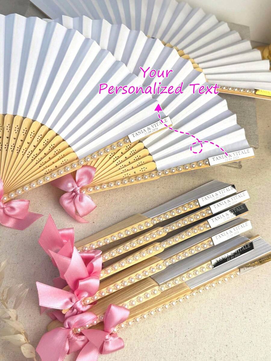 Personalized Wedding Fan With Pearl And Satin Ribbon - Customized Engraved Hand Fan As Bridesmaid Gift, Bridal Shower, Bachelorette Party Elegant Wedding Favor - Nhiều màu - Xem 1