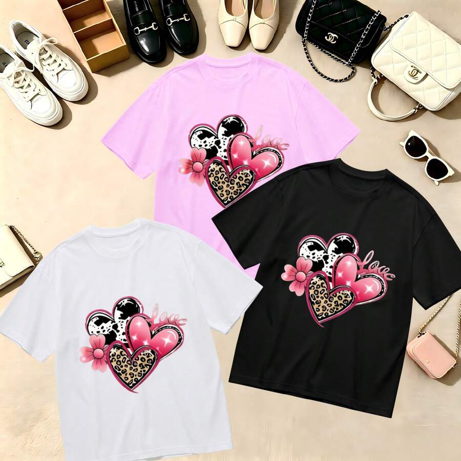 Choose One Of The Three Sets Women's T-Shirt Kawaii Heart Leopard Print 100% Cotton Oversized Soft Breathable Casual Crewneck Short Sleeve Top Retro Y2K Aesthetic Summer Vibes - 白色 - 查看 1