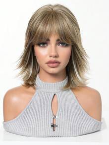 12 Inch Medium Brown Layered Flip Out Bob Wig With Side Swept Bangs, Soft Lightweight Synthetic Fibers, Anti-Shedding Design, Perfect For Dating, Club Night, Concert Gathering And Everyday Hairstyle Upgrade, Chic Short Wig For Fashion Ladies - Blonde Highlight - View 3