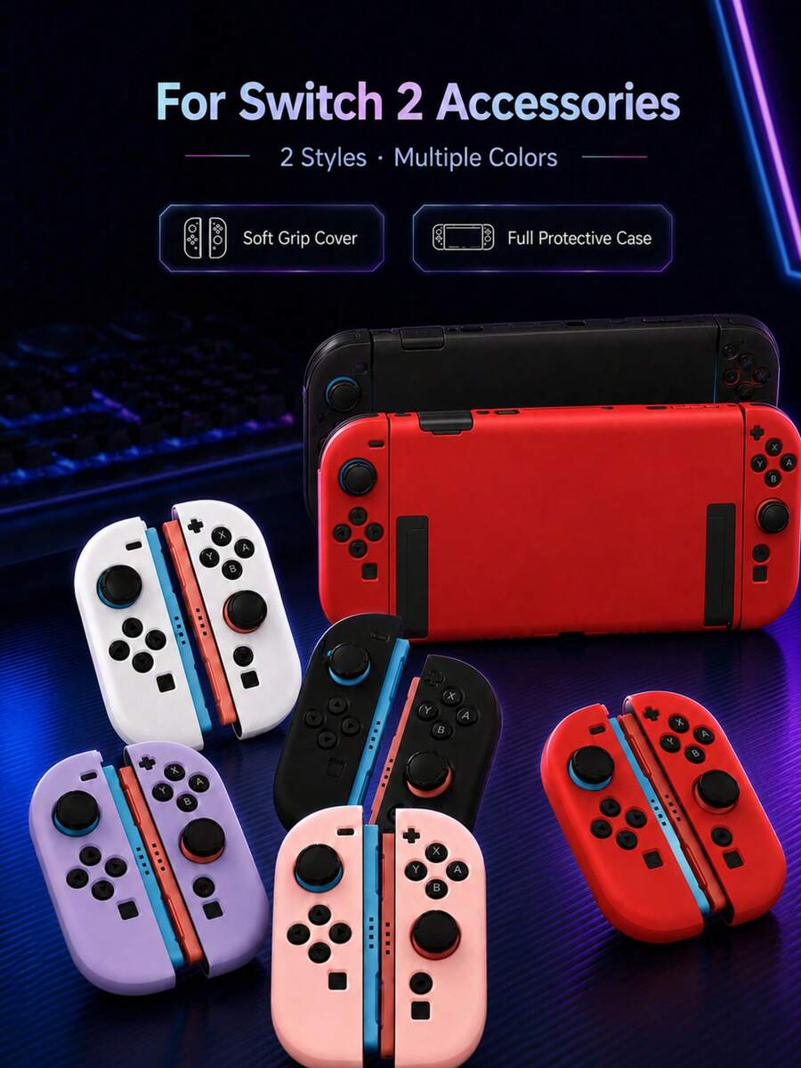 Soft Silicone Full Protective Case Compatible With Switch NS2 Joy-Con Controllers, Anti-Slip, Anti-Sweat, Shock-Proof, Cute Macaron Colors, Designed Compatible With Switch Players, Compatible With Switch NS2, Various Color Combinations Available, Switch Gaming Accessories, Game Controller Accessories, Pink, Anti-Drop, Anti-Scratch - Multicolor - View 1