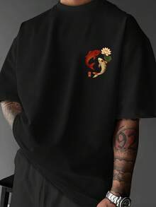 Camiseta de hombre, ¡artículo de moda! Manga corta con bordado de peces koi y loto, suave, lavable a máquina, adecuada para deportes al aire libre, uso diario casual, compras y viajes. - Negro - Ver 3