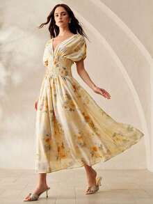 Vestido de línea A con cintura fruncida, estampado floral de rosa con efecto tie-dye amarillo, de gasa, elegante y romántico, versátil para mujer, primavera/verano - Multicolor - Ver 1