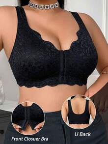 Plus Size Women Lace Patchwork Front Closure Seamless Bra, Suitable For Daily Wear In Various Occasions - Black - View 4
