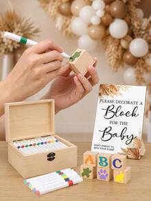 44pcs/1set-Bohemian Style Party Block Game, Fun Party Game Signage Activity Set, Block Shaped Guest Sign-In Book Alternative DIY Blank Wooden Block Signage Set (Suitable For Gus), Gender Reveal Party DIY Blocks, Guest Party Signage Book Activity, Furniture Decor Collection Set Brown) - Multicolor - View 3