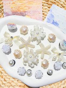 20件米色鞋飾（海星、花朵、貝殼、蝴蝶結）適用於穿孔拖鞋DIY裝飾配件，完美搭配單品，生日、節日、派對禮物首選 - 米色 - 查看 5