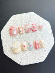 10片裝卡通可愛穿戴甲，甜粉色兔子亮片短圓形假指甲貼片，可拆卸美甲用品（1張果凍貼紙+1個指甲锉），手工穿戴甲 - 彩色 - 查看 13