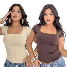 Kit 2 Blusa Suplex Feminina Decote Quadrado Básica Premium Elegante T-shirt Casual Segunda Pele Tee - nude + café - Visão 1