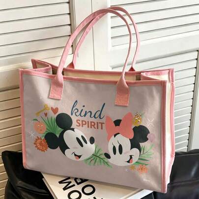 Miniso Disney Mickey & Minnie Mouse "Kind Spirit" Tote Bag, Cute Print On Light Pink Background With Pink Trim, Large Capacity Versatile Tote Bag For Shopping, Commuting, School & Travel
