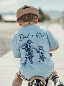 1 Piece Toddler Kids Casual Print Round Neck Short Sleeve T-Shirt, Summer Clothes For Students - The Dad+Me Bike Print T-Shirt Brings Joy And Happiness To Every Child! - 酒紅色 - 查看 1