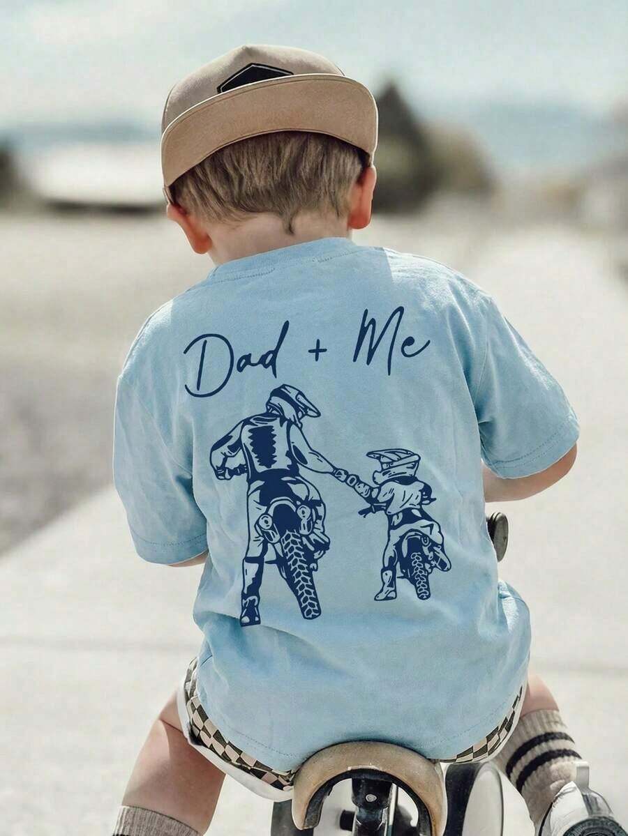 1 Piece Toddler Kids Casual Print Round Neck Short Sleeve T-Shirt, Summer Clothes For Students - The Dad+Me Bike Print T-Shirt Brings Joy And Happiness To Every Child! - 酒紅色 - 查看 1