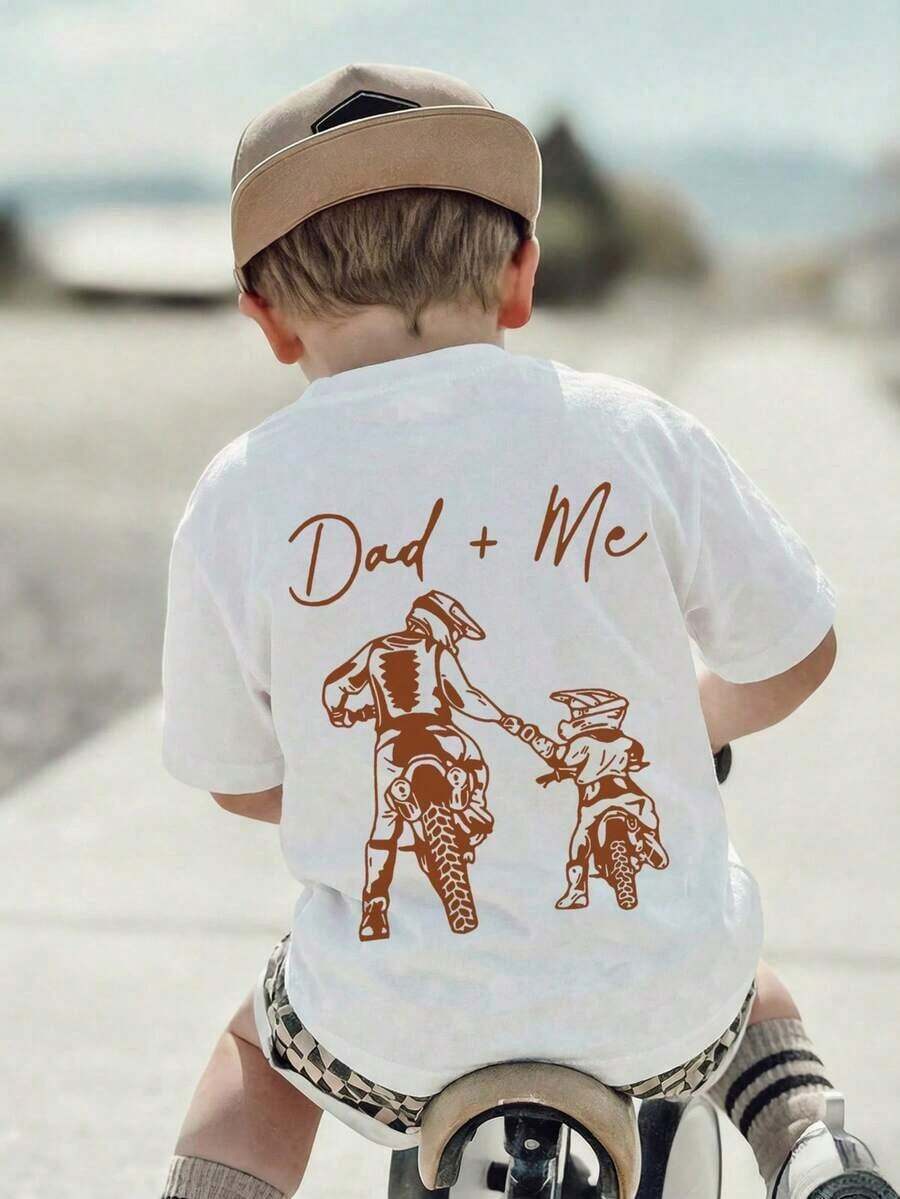 1 Piece Toddler Kids Casual Print Round Neck Short Sleeve T-Shirt, Summer Clothes For Students - The Dad+Me Bike Print T-Shirt Brings Joy And Happiness To Every Child! - 軍綠色 - 查看 1