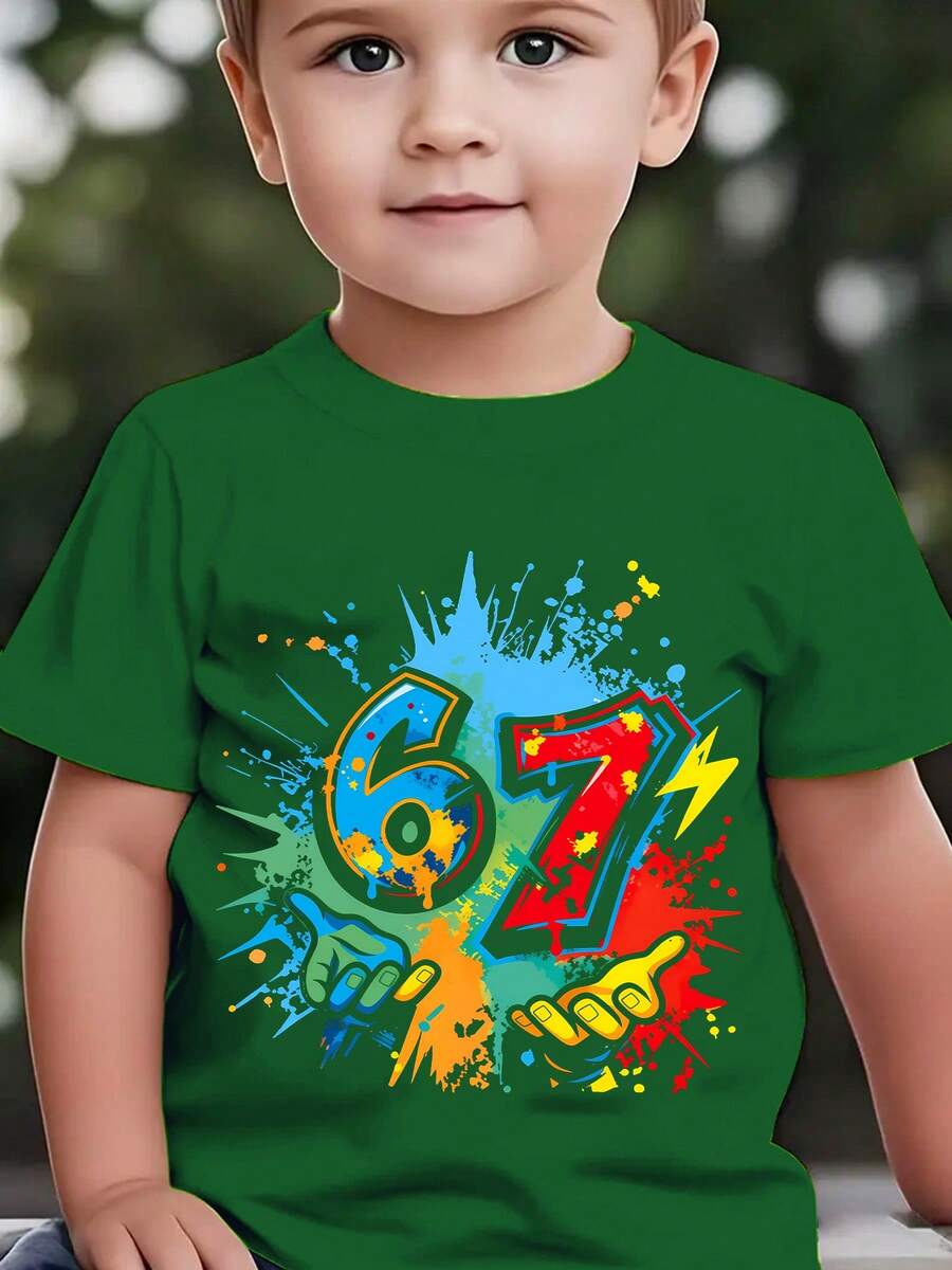 Boys' Short-Sleeved T-Shirt, Summer Fashion, With Cartoon Print Of The Number 67 With Ink Splatters, Ideal For Casual Outdoor Activities, NY-DX9594 - 綠色 - 查看 1