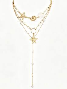 3pcs/Set Beach Vacation Style Faux Pearl Starfish Shell Pendant Necklace, Multi-Layer Stackable Design, Suitable For Women's Summer Beach, Holiday, Daily, Party Wear, Delicate Gift, Versatile Accessory - Gold - View 7