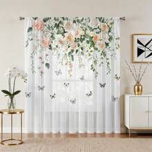 1PC Cream Rose & Butterfly Print Curtains, Semi-Transparent Fabric, Soft Floral Home Essentials For Guest Room, Bedroom, 52"W * 84"L - Multicolor - View 16