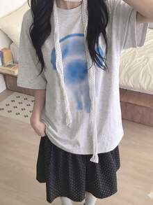 Y2K 女款夏季休閒寬鬆字母 & 可愛狗狗印花短袖T恤 - 淺花灰 - 查看 3