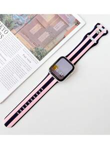 1條時尚彩色條紋印花矽膠錶帶，適用於Apple Watch 38mm 40mm 41mm 42mm 44mm 45mm 49mm (S10 42)mm (S10 46)mm (S11 42)mm (S11 46)mm，女款，柔軟矽膠運動錶帶，適用於 Series 11 Ultra 3 SE3 Ultra 2 S10 SE2 9 8 7 SE 6 5 4 3 2 1，適合搭配穿搭、日常穿戴、度假 - 黑玫 - 查看 3