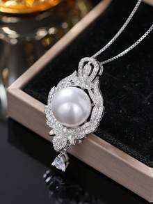 1pc Charming Cubic Zirconia & Faux Pearl Pendant Necklace, Suitable For Women, Ideal For Weddings, Engagements, Anniversary Parties, Valentine's Day Gifts - Silver - View 5