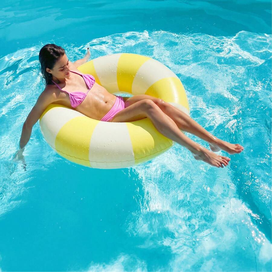 1pc Retro Striped Inflatable Swimming Ring, Suitable For Children And Adults, Great For Summer Water Park Floating - Yellow - View 1