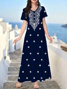 Al Najma Vestido azul marino elegante de mujer con cuello en V, de manga corta, con estampado floral, que se puede usar como prenda exterior o interior/vestido de trabajo, adecuado para citas, vacaciones, uso diario, casual, fiestas, festivales, vestido largo, vestido largo de primavera/verano para mujer, vestido largo fluido, vestido largo floral, vestido azul marino - Negro 2 - Ver 6