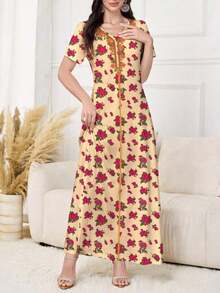 Al Najma Vestido azul marino elegante de mujer con cuello en V, de manga corta, con estampado floral, que se puede usar como prenda exterior o interior/vestido de trabajo, adecuado para citas, vacaciones, uso diario, casual, fiestas, festivales, vestido largo, vestido largo de primavera/verano para mujer, vestido largo fluido, vestido largo floral, vestido azul marino - Amarillo - Ver 4