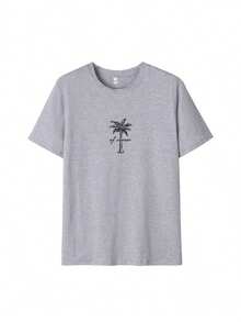 Women's Minimalist Coconut Tree Slogan Print Casual Round Neck Short Sleeve T-Shirt, Simple & Versatile, Suitable For Daily & Holiday Wear. Graphic Tee, Women, White, Black, Pink Summer Vacationsummer Outfits For Women 0SJU - 灰色 - 查看 5