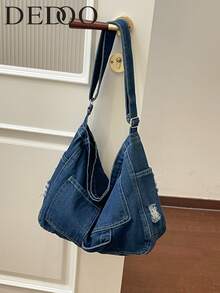 Sac messager en denim lavé classique de grande capacité, sac d'étudiant, sac en canevas japonais pour femme, sac à bandoulière minimaliste coréen - Bleu azur - Voir 8