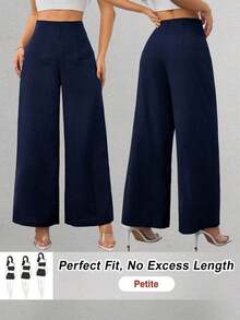 PETITE Pantalón texturizado de tiro alto de pierna ancha, de moda simple y casual para el regreso a la escuela, para ir y venir al trabajo - Negro 3 - Ver 11