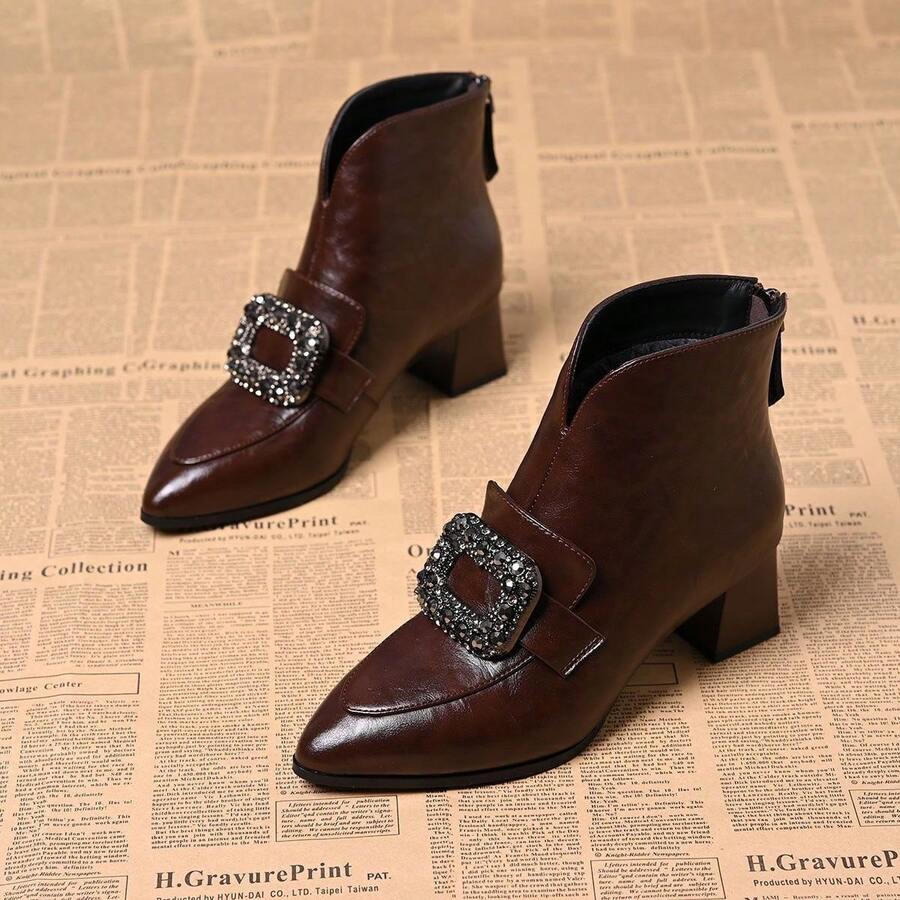 French Pointed Toe Rhinestone V-Cut Ankle Boots, Chunky Heel, Zipper Back, Mid-Heel Boots For Women, Spring & Autumn - Brown - View 1