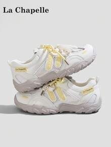 1 par de zapatillas casuales de suela gruesa con cordones para mujer La Chapelle, de punta redonda, tacón bajo plano, adecuadas para estudiantes, fotos de graduación, senderismo, zapatos de skate de suela blanda y de cuero de caña baja - Amarillo limón - Ver 2