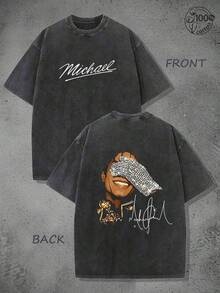 Michaeles Jacksones Vintage Washed T-Shirt,Front And Back Double Print Rock Star Print American Top,Music Legend,Rock Star,Vacation Outfits Men - 黑色 - 查看 7